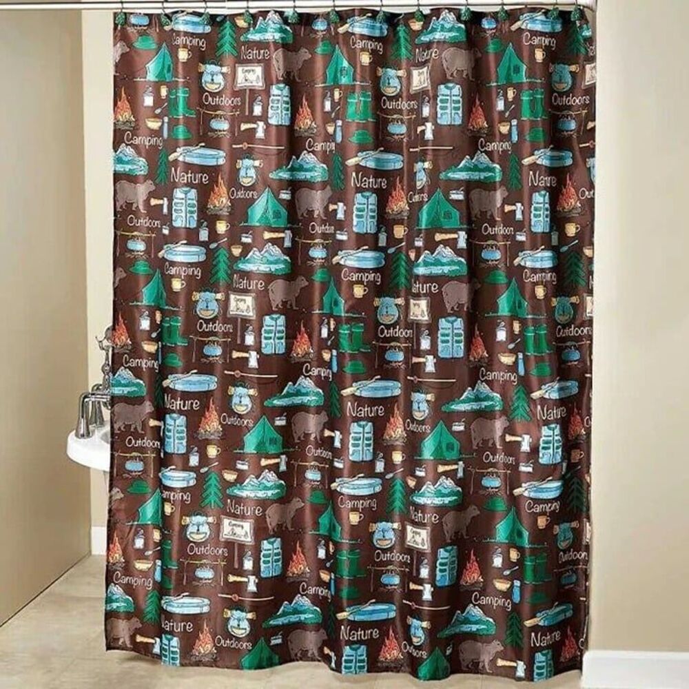 Campsite Shower Curtain Tents Canoes Fishing Bears Camp Fire Brown Fabric Bath